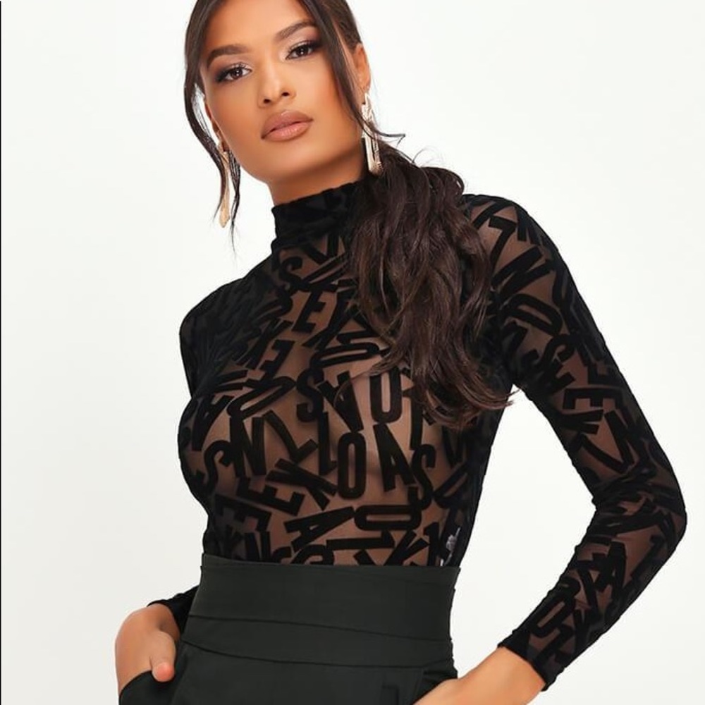 Black Burnout Sheer Mesh High Neck LS Bodysuit